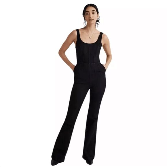 MADEWELL Denim Flare-Leg Jumpsuit Size 0 Bonner Wash Black Sleeveless NWT B20 - Picture 1 of 6